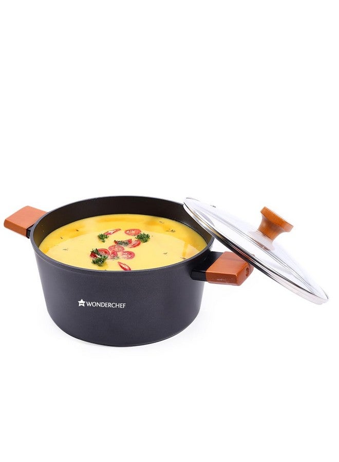Wonderchef Caesar Forged Virgin Aluminium Casserole with Glass Lid, 24cm, Black, Greblon C3 Non-Stick Coating, PFOA Free, German Beechwood Handles, Use for Frying, Cooking Rice/Biryani, Gravies, Dals - Image 1