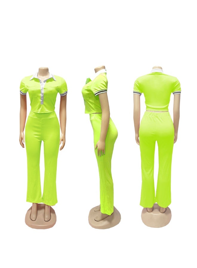 KUYING New Fashion Polo Collar Top High Waist Wide Leg Pants Casual Two Piece Set - Image 3