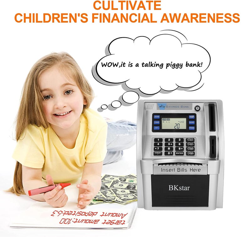 BKstar Kids Talking ATM Piggy Bank with Debit Cards, Power-Off Memory, Auto-Opening Drawer for Real Money for Boys, Onekey Shutdown, Bill Feeder, Coin Recognition, Balance Calculator Machine - Image 5