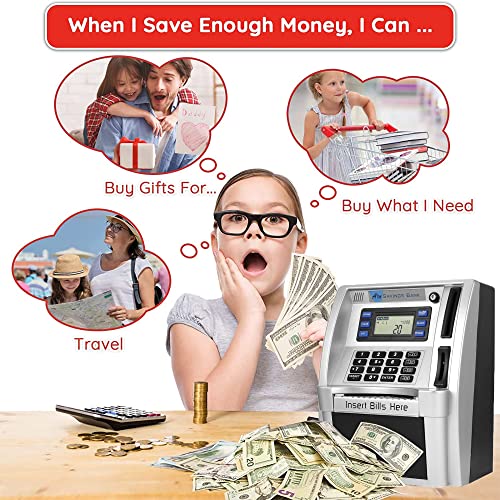 BKstar Kids Talking ATM Piggy Bank with Debit Cards, Power-Off Memory, Auto-Opening Drawer for Real Money for Boys, Onekey Shutdown, Bill Feeder, Coin Recognition, Balance Calculator Machine - Image 4