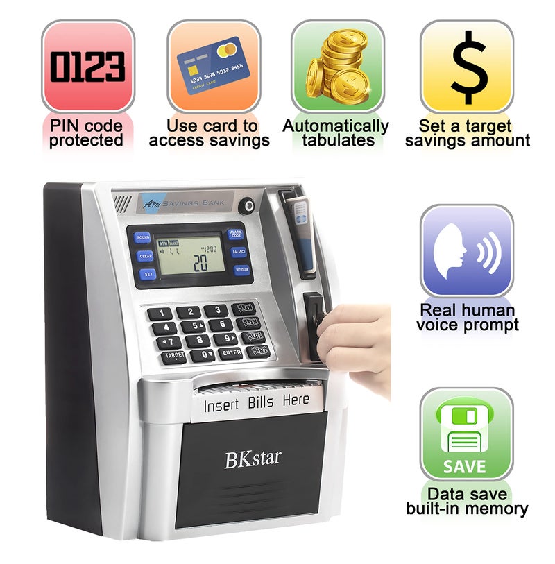 BKstar Kids Talking ATM Piggy Bank with Debit Cards, Power-Off Memory, Auto-Opening Drawer for Real Money for Boys, Onekey Shutdown, Bill Feeder, Coin Recognition, Balance Calculator Machine - Image 2