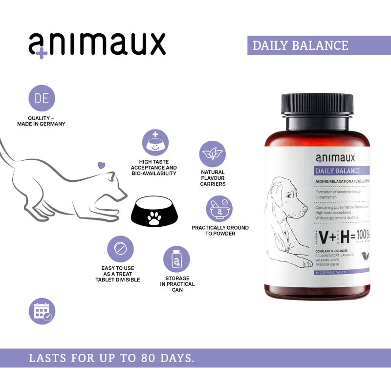 animaux Daily Balance â€“ 40 Chewable Tablets for Dogs with Valerian, St. John's Wort & Lavender | Herbal Supplement for Dogs - Image 3