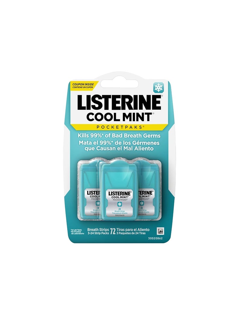 Listerine Cool Mint PocketPaks Portable Breath Strips for Bad Breath, Fresh Breath Strips to Kill most of Bad Breath Germs On-The-Go, Cool Mint Flavor, 24-Strip Pack, 3 Pack - Image 1