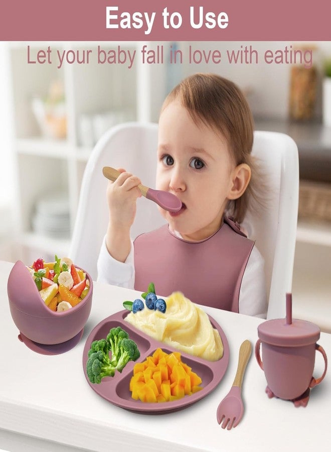 FENNEC MART طقم تغذية الأطفال مع وعاء شفط، طبق مقسم، ملاعق، شوك، كوب شرب، مستلزمات التغذية الذاتية (وردي) - Image 4