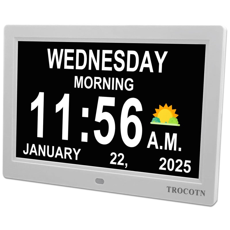 TROCOTN Dementia Clocks Large Display Calendar Alarm Clock with Auto DST for Seniors 5 Display Modes Large Font Digital Clock with Custom Alarms Day Date Clocks10 Inch White