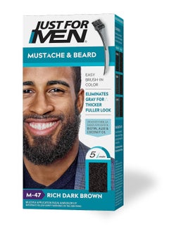 Just For Men Mustache & Beard, Beard Dye for Men with Brush Included for Easy Application, With Biotin Aloe and Coconut Oil for Healthy Facial Hair - Rich Dark Brown, M-47, Pack of 1