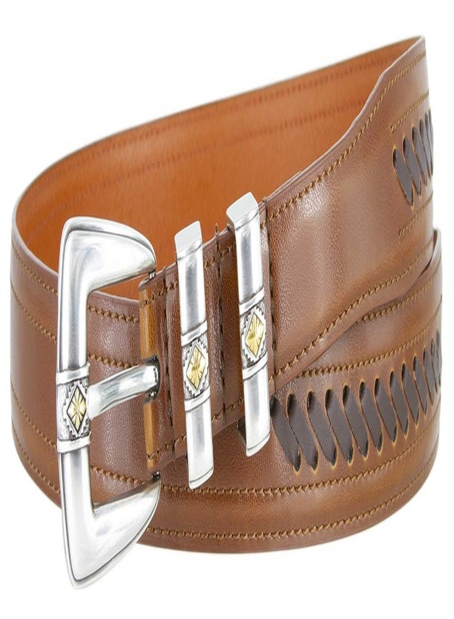 بيلتس.كوم حزام جلدي برباط على طراز رعاة البقر الغربي مع مشبك ذهبي مرصع بالألماس (لون بني فاتح، مقاس 36) - Image 2