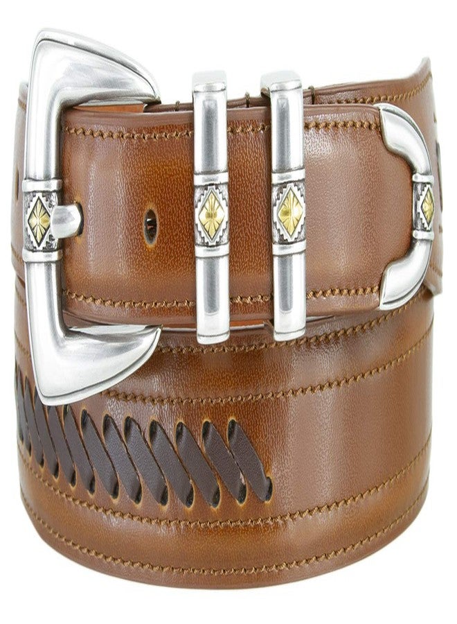 بيلتس.كوم حزام جلدي برباط على طراز رعاة البقر الغربي مع مشبك ذهبي مرصع بالألماس (لون بني فاتح، مقاس 36) - Image 1