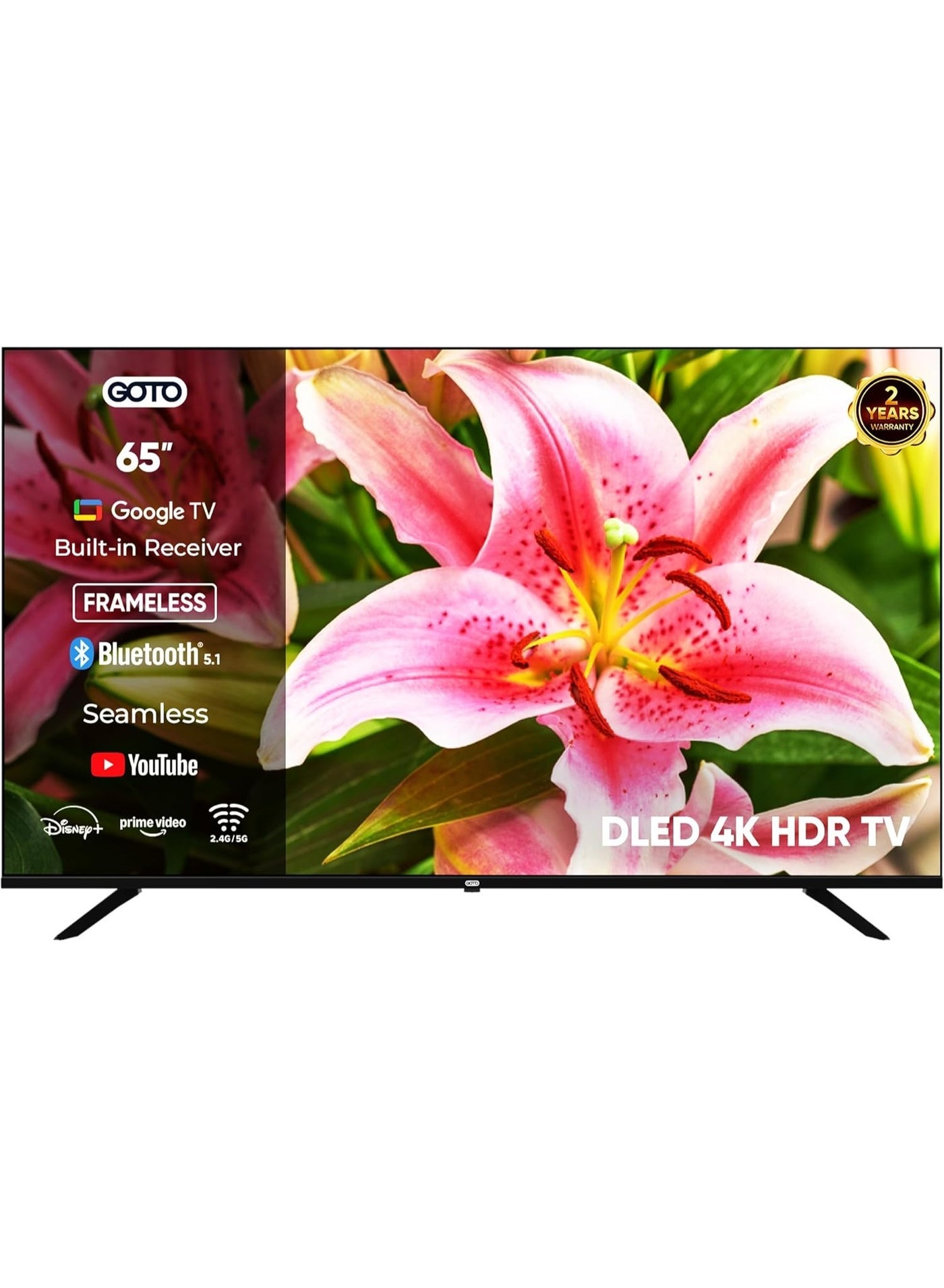 65 Inch Smart LED | Frameless | 4K UHD | Official Google TV | Quad-Core Processor | Voice Control | Dual Band 2.4GHz/5GHz Wi-Fi | Bluetooth 5.1 | Chromecast Built-in | Free Wall Mount | 2-Year Warranty