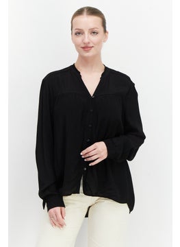 ESPRIT Women Split Neck Long Sleeve Textured Blouse Top, Black  - Image 1