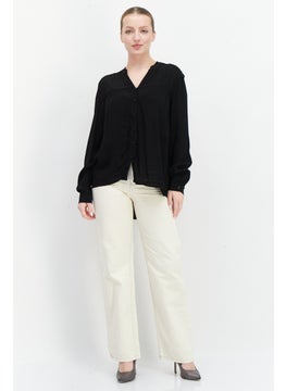 ESPRIT Women Split Neck Long Sleeve Textured Blouse Top, Black  - Image 2