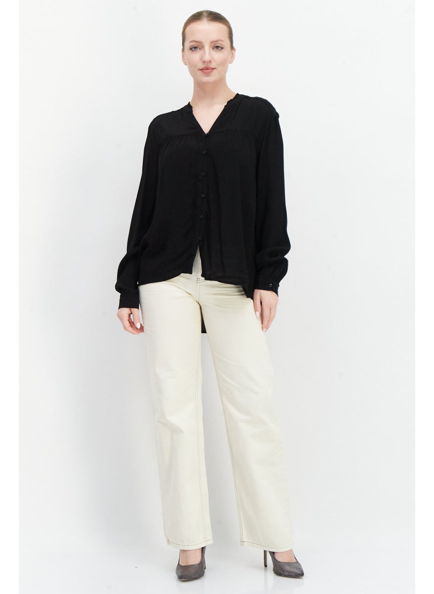 ESPRIT Women Split Neck Long Sleeve Textured Blouse Top, Black  - Image 2