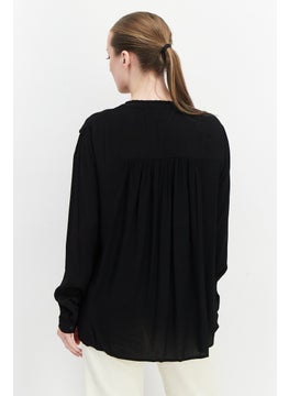 ESPRIT Women Split Neck Long Sleeve Textured Blouse Top, Black  - Image 3