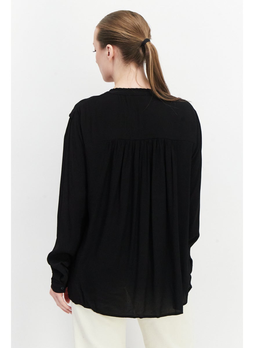 ESPRIT Women Split Neck Long Sleeve Textured Blouse Top, Black  - Image 3