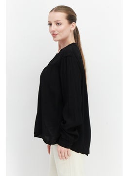 ESPRIT Women Split Neck Long Sleeve Textured Blouse Top, Black  - Image 4
