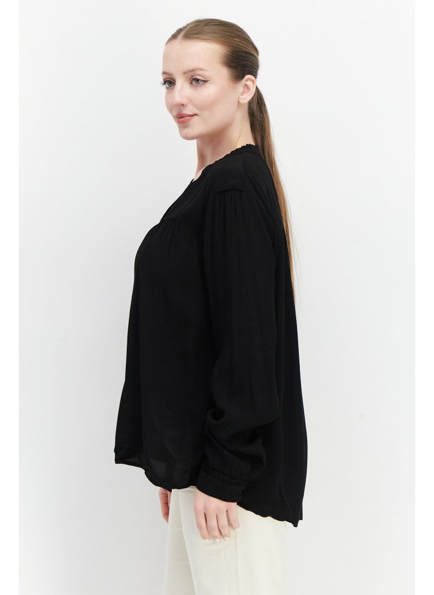 ESPRIT Women Split Neck Long Sleeve Textured Blouse Top, Black  - Image 4