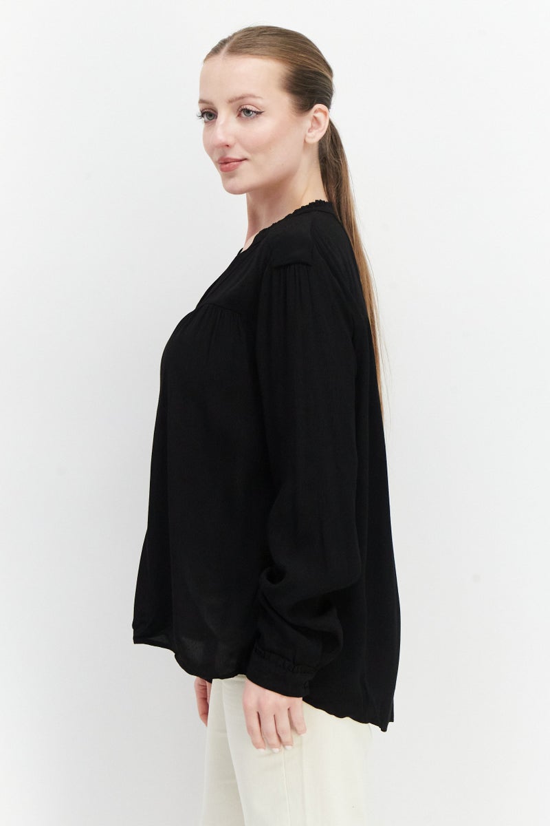 ESPRIT Women Split Neck Long Sleeve Textured Blouse Top, Black - Image 4