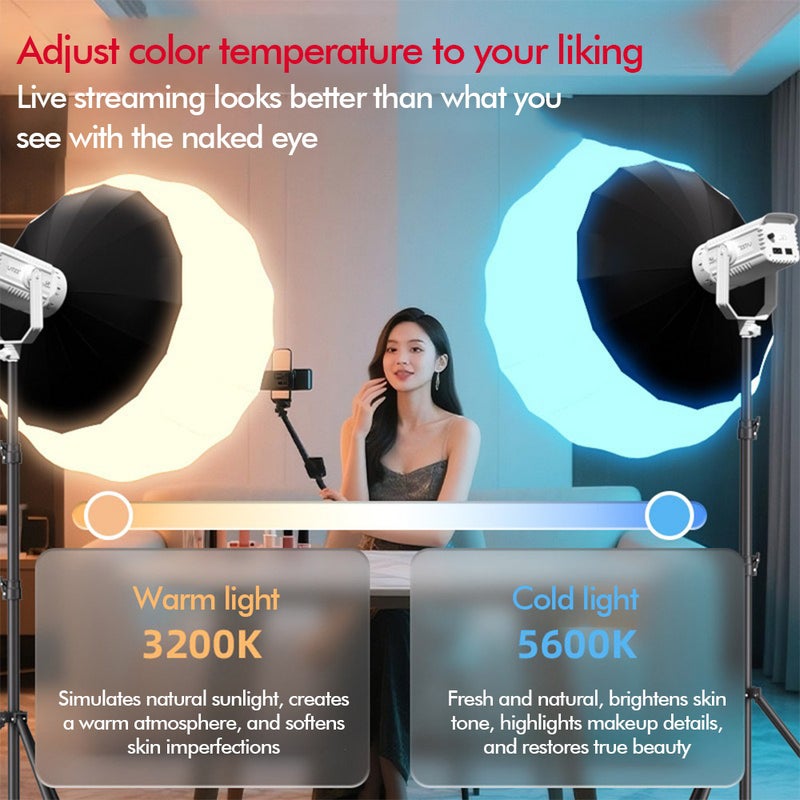 FlashHawk 150W LED Video Light with Standard Reflector & Remote Control - 3200K-5600K Dimmable, CRI>96, Bowens Mount, U-shaped 360° Rotation COB Photography Light for Studio/Streaming-White - Image 2