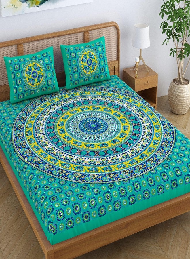 SheetKart Elephant Mandala 144 TC 100% Cotton Double King Size Bedsheet with 2 Pillow Covers, Green, Character (228 CM x 228 CM) - Image 1