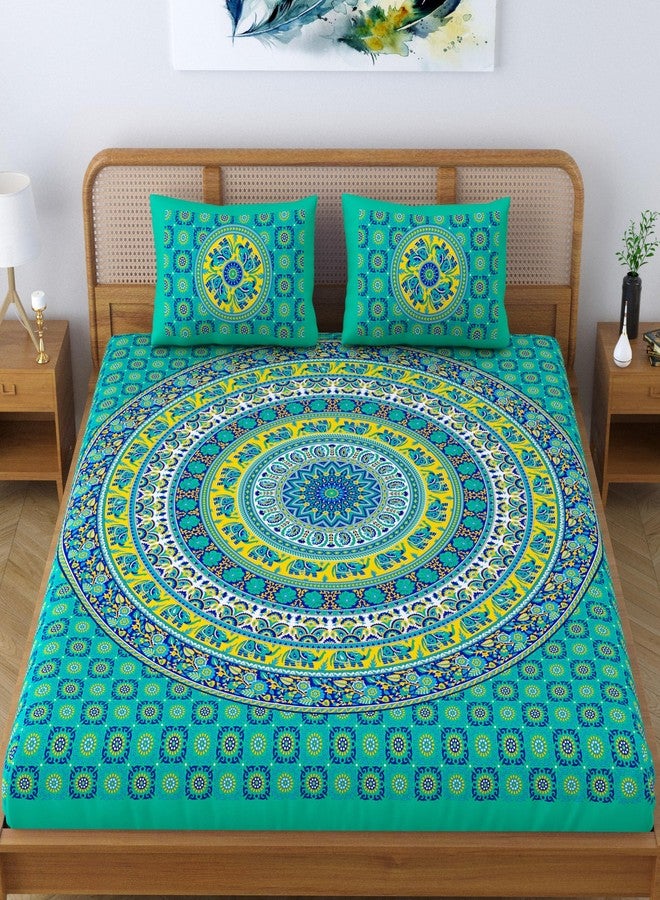 SheetKart Elephant Mandala 144 TC 100% Cotton Double King Size Bedsheet with 2 Pillow Covers, Green, Character (228 CM x 228 CM) - Image 2