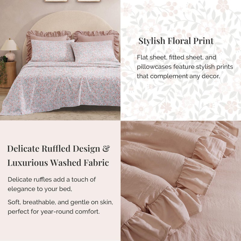 BLOOMHAVEN Queen Comforter Set - 7 Pieces Ruffle Pink Bedding Sets, Shabby Chic Farmhouse Bed in a Bag Queen with Ruffle Comforter, Floral Sheets, Pillowcases & Shams - Image 4