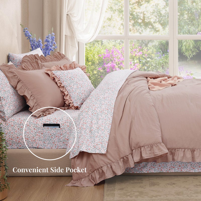 BLOOMHAVEN Queen Comforter Set - 7 Pieces Ruffle Pink Bedding Sets, Shabby Chic Farmhouse Bed in a Bag Queen with Ruffle Comforter, Floral Sheets, Pillowcases & Shams - Image 3