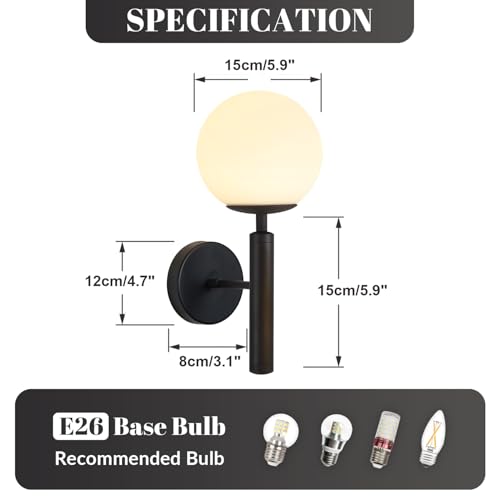 KCO Lighting Black Mid Century Modern Wall Sconce Vintage White Milk Glass Wall Sconce Globe Wall Light Bathroom Wall Light Fixture Bedroom Wall Lighting - Image 2