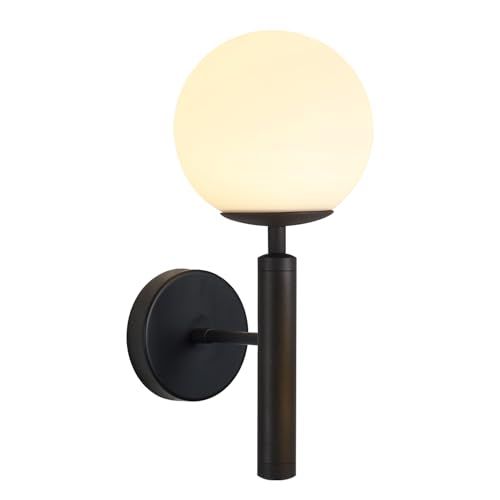 KCO Lighting Black Mid Century Modern Wall Sconce Vintage White Milk Glass Wall Sconce Globe Wall Light Bathroom Wall Light Fixture Bedroom Wall Lighting - Image 1