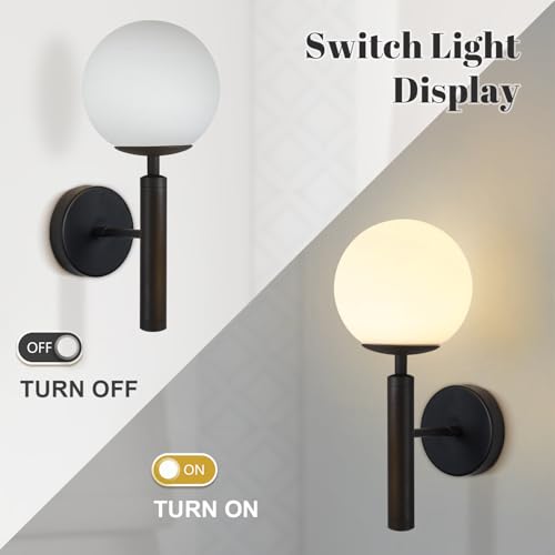 KCO Lighting Black Mid Century Modern Wall Sconce Vintage White Milk Glass Wall Sconce Globe Wall Light Bathroom Wall Light Fixture Bedroom Wall Lighting - Image 4
