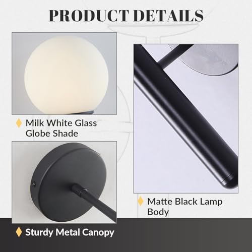 KCO Lighting Black Mid Century Modern Wall Sconce Vintage White Milk Glass Wall Sconce Globe Wall Light Bathroom Wall Light Fixture Bedroom Wall Lighting - Image 3