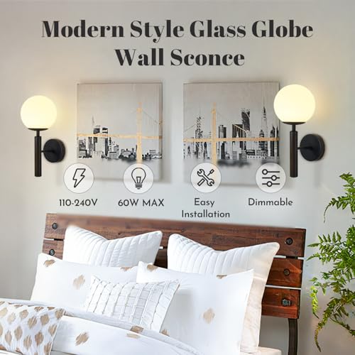 KCO Lighting Black Mid Century Modern Wall Sconce Vintage White Milk Glass Wall Sconce Globe Wall Light Bathroom Wall Light Fixture Bedroom Wall Lighting - Image 5