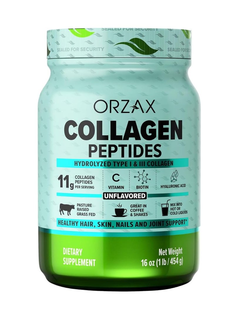 ORZAX - Collagen Peptides Powder, 11g Collagen, Type I & III Grass Fed Vitamin C, Biotin & Hyaluronic Acid, Hair, Nail, Skin & Joint Support Supplement, Sugar Free, Gluten Free, Unflavored, 16 oz - Image 1