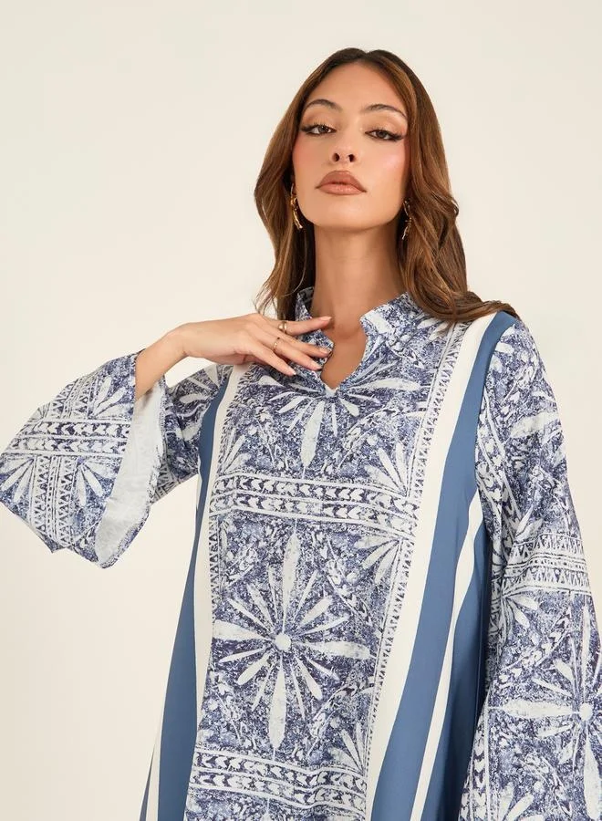 Take Two Take Two All-Over Print Notch Neck Flared Kaftan
