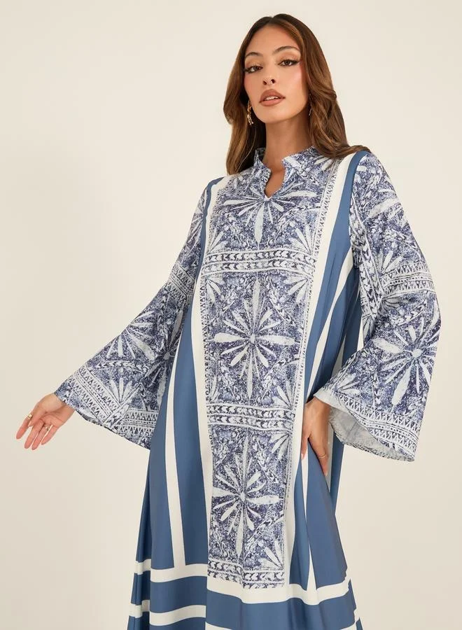 Take Two Take Two All-Over Print Notch Neck Flared Kaftan