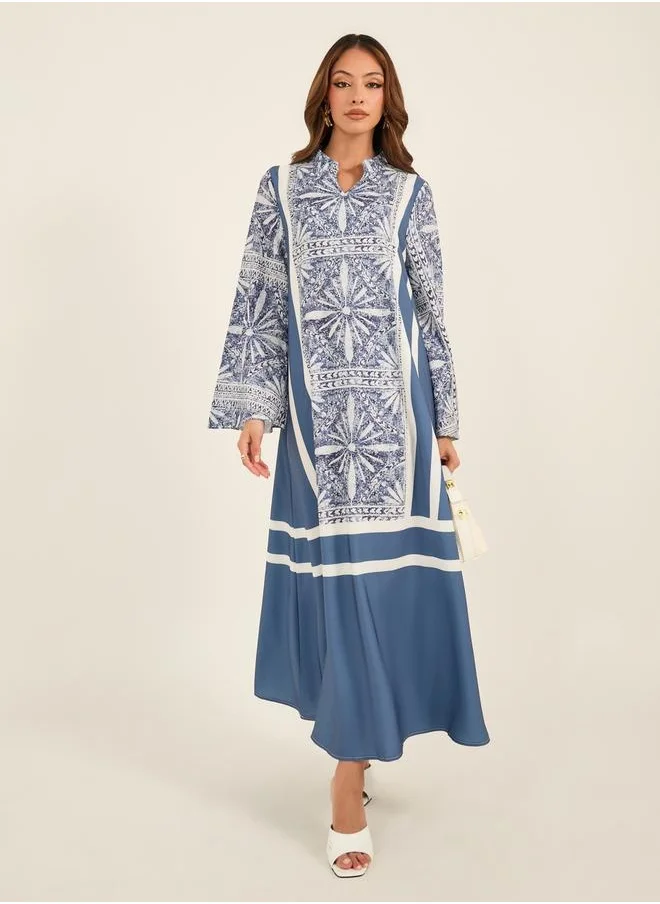 KL All-Over Print Notch Neck Flared Kaftan by Styli