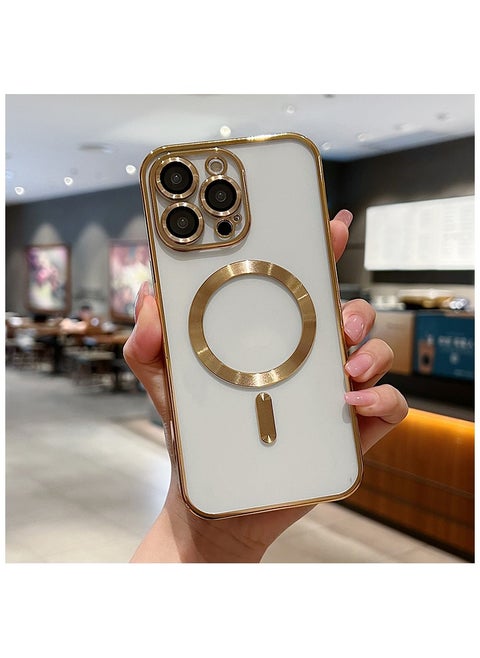 Magnetic Electroplating Frame Magsafe Wireless Charging Case for Apple iPhone 15 Pro Max Gold/Clear