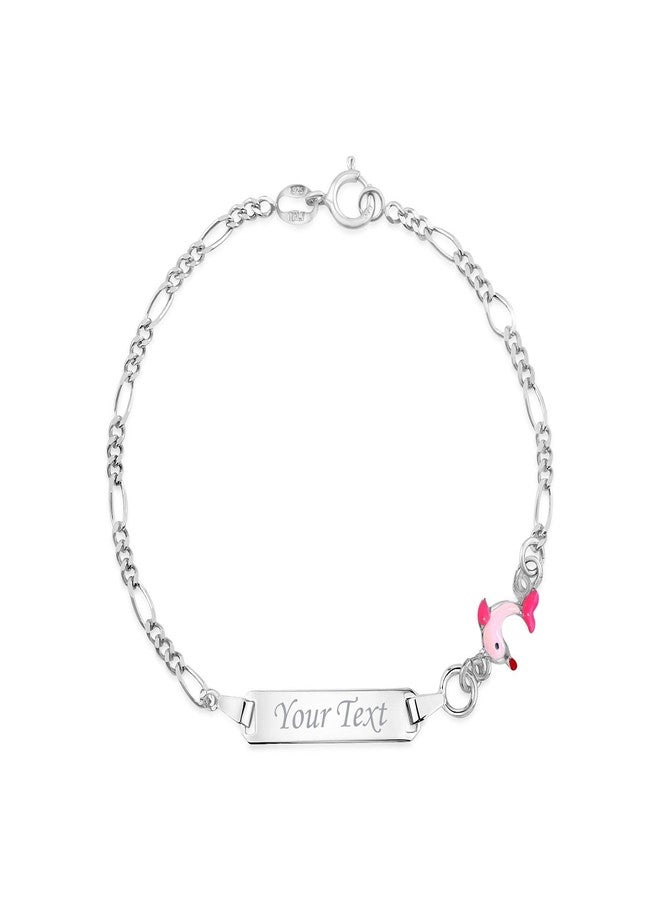 UNICORNJ Sterling Silver 925 Engravable ID Bracelet Figaro Chain for Girls Boys Jumping Dolphin with Pink Enamel 6.5" - Image 1