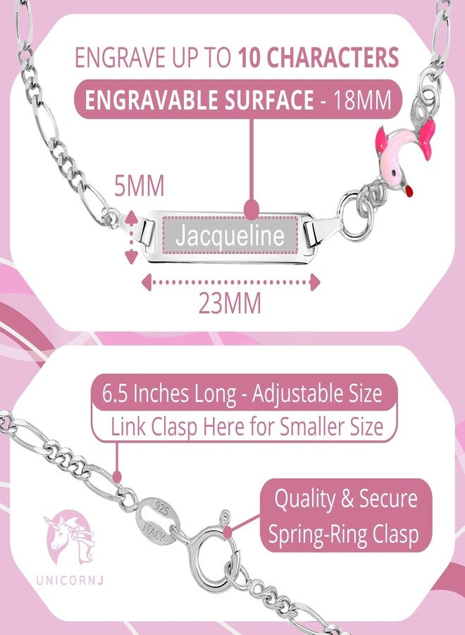 UNICORNJ Sterling Silver 925 Engravable ID Bracelet Figaro Chain for Girls Boys Jumping Dolphin with Pink Enamel 6.5" - Image 2