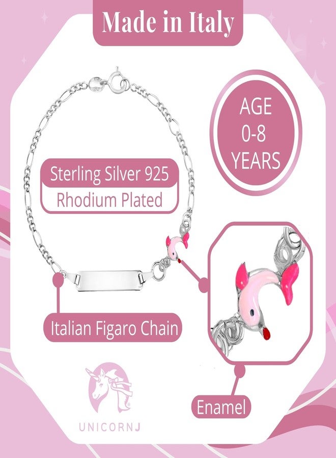 UNICORNJ Sterling Silver 925 Engravable ID Bracelet Figaro Chain for Girls Boys Jumping Dolphin with Pink Enamel 6.5" - Image 3