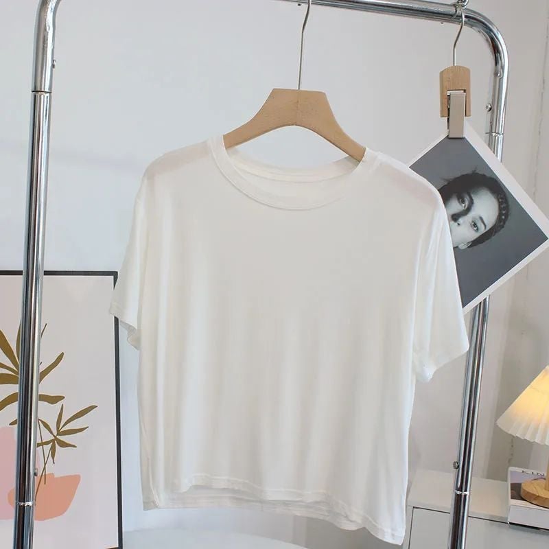 Super Hand-Feel Short Modal T-Shirt Women'S Niche Summer 2024 Slim-Fit Slimming Round Neck Short-Sleeve Solid Color Base Shirt - Image 5