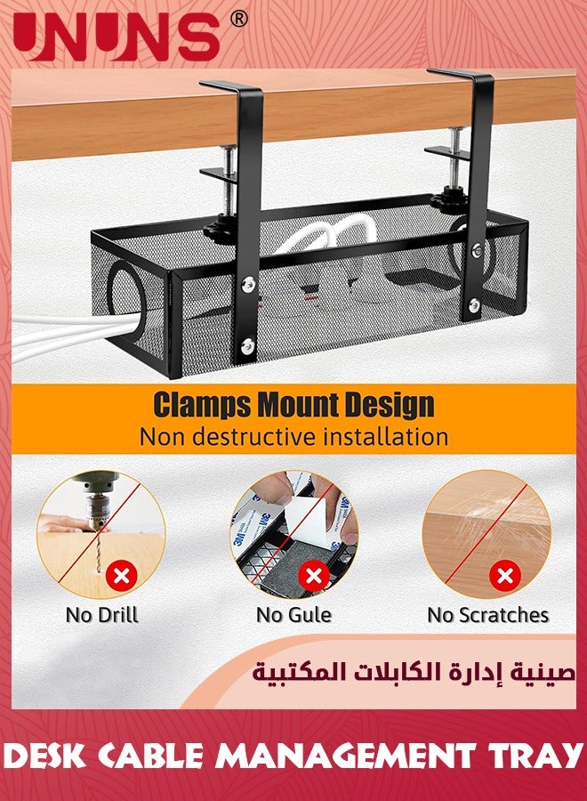 UNUNS Under Desk Cable Management Tray Balck, No Drill Cable Management Organizer Under Desk,Cable Tray With Clamp For Desk Wire Management,Desk PC Cord Organizer Accessories For Home Office - Image 3