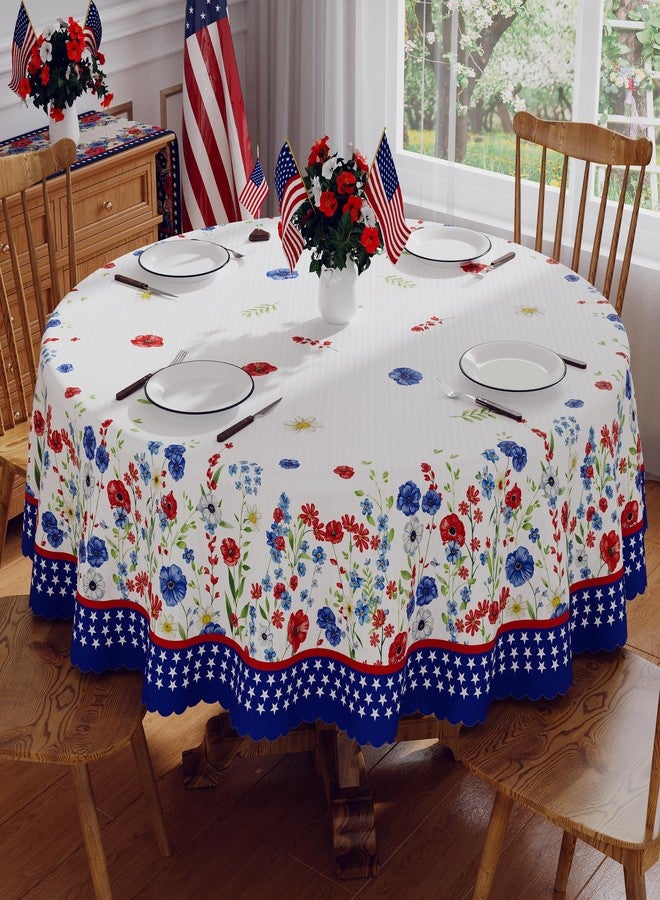 Siilues 4th of July Tablecloth Round 70 Inch, 250 Anniversary USA Merchandise Patriotic Decorations Washable Blue Red Floral America Memorial Day Table Cloth Waterproof Scalloped Edge Table Cover - Image 1