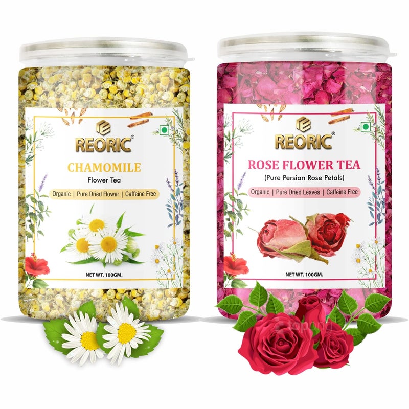 REORIC Organic Herbal Tea Combo Pack - Rose Flower Tea(100g) + Chamomile Flower Tea(100g) | Chamomile Tea Leaves | Rose Tea Leaves| Boost Immunity | Detox Tea | use for Iced Tea |Chamomile Rose Tea - Image 1