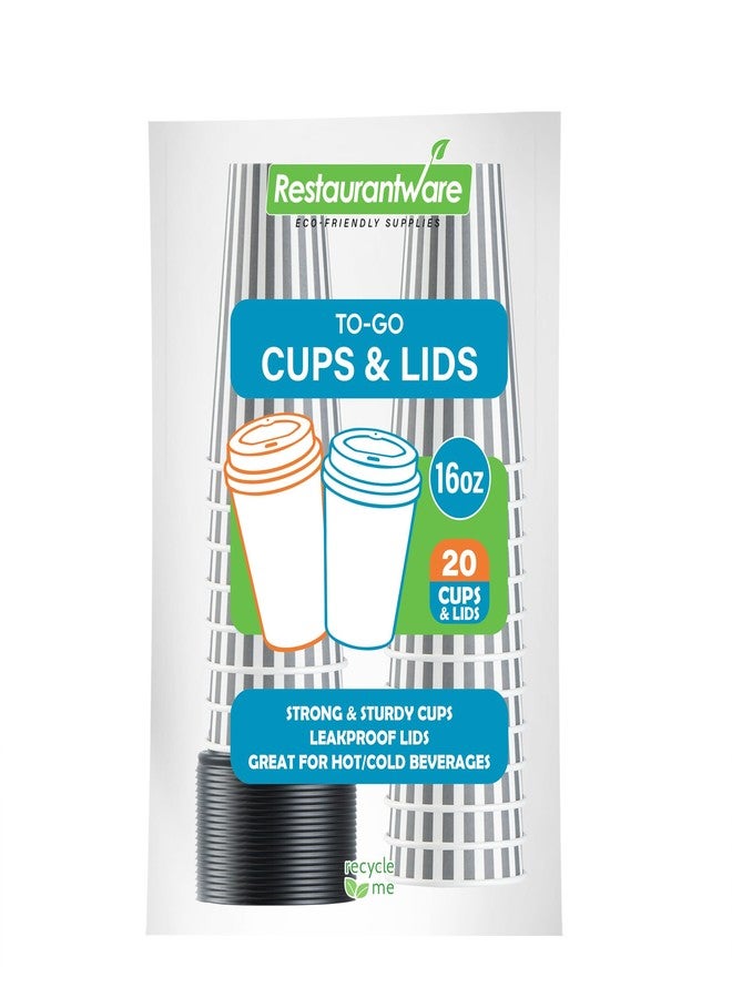 Restaurantware 16 Ounce Disposable Coffee Cups With Lids, 20 Hot Cups With Lids - Sleeves Sold Separately, Single Wall, Gray And White Stripe Paper Coffee Cups, For All Kinds Of Beverages - Image 1