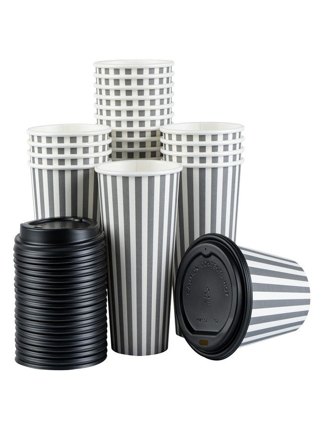 Restaurantware 16 Ounce Disposable Coffee Cups With Lids, 20 Hot Cups With Lids - Sleeves Sold Separately, Single Wall, Gray And White Stripe Paper Coffee Cups, For All Kinds Of Beverages - Image 2