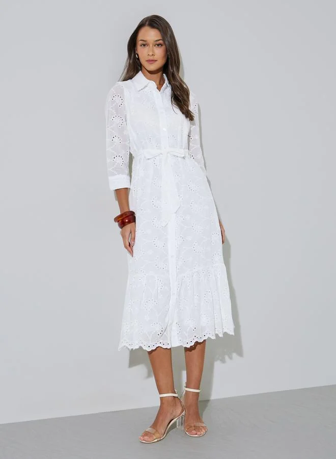 White Solid Belted Waist Schiffli Shirt Midi Dress