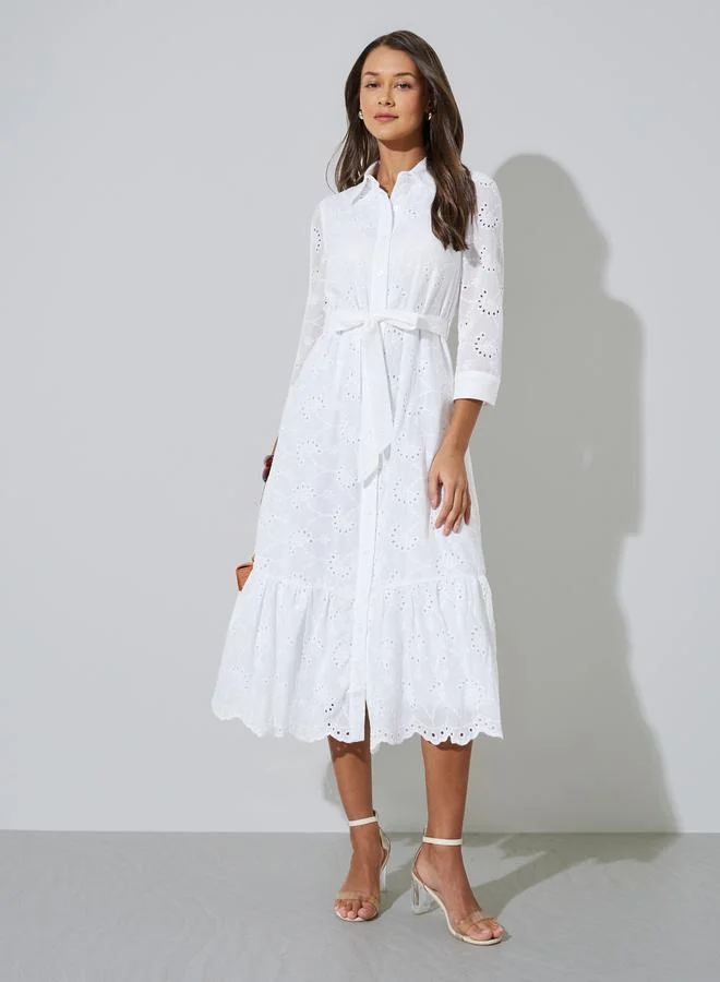 Styli  White Solid Belted Waist Schiffli Shirt Midi Dress for Women | Best Price UAE