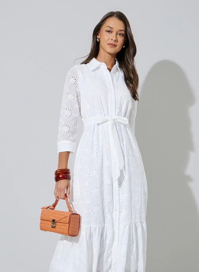 Styli  White Solid Belted Waist Schiffli Shirt Midi Dress for Women | Best Price UAE