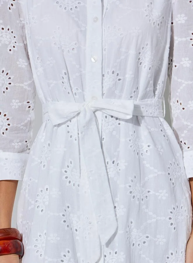 Styli  White Solid Belted Waist Schiffli Shirt Midi Dress for Women | Best Price UAE
