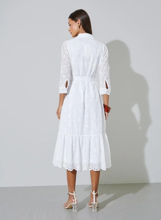 Styli  White Solid Belted Waist Schiffli Shirt Midi Dress for Women | Best Price UAE